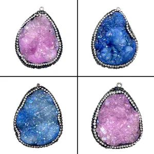 Pendentif en Pierre Naturelle Druzy Forme Goutte d'Eau Incrusté de Strass Breloque en Cristal pour DIY Collier Fabrication de Bijoux Accessoires