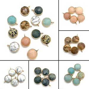 Natural Stone Round Pendant Gold Edged Faceted Labradorite Dalmatian Jasper DIY Jewelry Accessory Pendant Only Without Chain