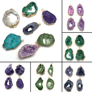 Natural Stone Druzy Agate Geode Pendant Irregular Gold Edged Electroplated For DIY Necklace Jewelry Making Accessories