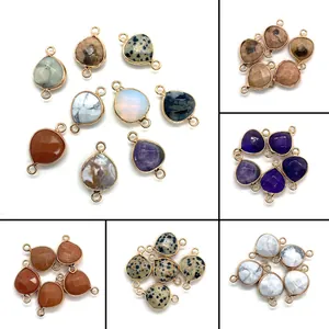 Natural Stone Teardrop Connector Pendant Amethyst Dalmatian Jasper Gold Plated Metal Edge For DIY Necklace Jewelry Making