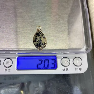 Detail eines Dalmatiner-Jaspis-Anhängers auf Waage zeigt 2,03g Gewicht und Goldrand