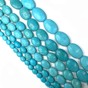 Synthetische blaue Türkisperlen in Ovalform mit brauner Textur für DIY-Schmuck