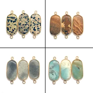 Natural Stone Oval Pendant Connector Metal Wrapped Edge Dalmatian Jasper Picture Stone DIY Necklace Bracelet Jewelry Making Accessories