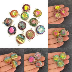 Natural Stone Round Pendant Double Loop Connector Gold Plated Alloy Edging Colorful Imperial Jasper Charms For DIY Jewelry Making