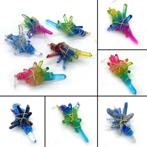 Irregular Natural Stone Crystal Cluster Pendant Wire Wrapped Titanium Coated Gradient Rainbow Pendants Jewelry Making