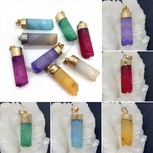 Natural Stone Crystal Pendant Cylindrical Frosted Electroplated Charm Pendant Only Without Chain For DIY Jewelry Making Accessories