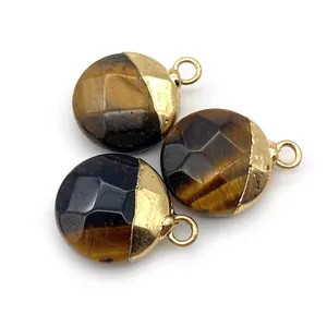 Faceted round tiger eye pendants with gold-plated metal loops for DIY jewelry