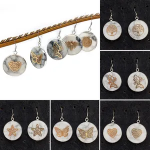 Naturstein Weißer Türkis Runde Hängeohrringe Für Damen Mit 925 Sterlingsilber Ohrstecker-Stift Goldanhänger Bohemian Vintage Schmuck