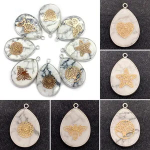 Natural White Turquoise Teardrop Pendant Alloy Gold Plated Pattern For DIY Necklace Jewelry Making Accessory Vintage Style