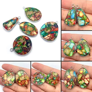 Pendentif en Pierre Naturelle Mosaïque Enveloppé d'Alliage Forme Goutte Ovale pour Fabrication de Bijoux DIY Ethnique Bohème
