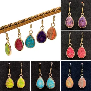 Vintage Natural Imperial Stone Teardrop Dangle Earrings For Women Gold Plated Alloy Waterdrop Turquoise Look Boho Jewelry