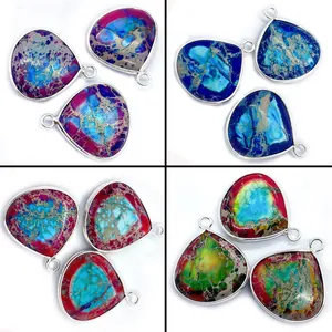 Pendentif Goutte en Pierre de l'Empereur Naturelle Bord Argenté Breloque Turquoise pour Fabrication Bijoux DIY Collier