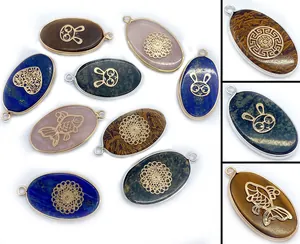Ciondolo Ovale in Pietra Naturale Senza Catena Incastonatura in Lega Oro Argento per Creazione Gioielli Fai Da Te