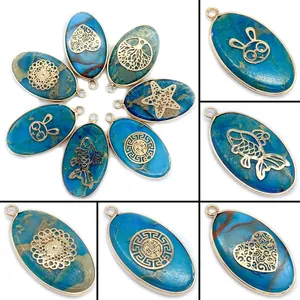 Natural Stone Blue Shoushan Stone Oval Pendant With Gold Alloy Metal Patch Tree Of Life Heart Pattern For DIY Jewelry Making Accessories