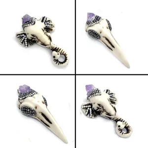 Ethnischer Anhänger mit Elefant, Vogelkopf, lila Kristall und Strass für DIY-Halsketten