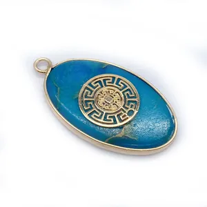 Blue natural stone oval pendant with Greek key gold metal plating for DIY jewelry making
