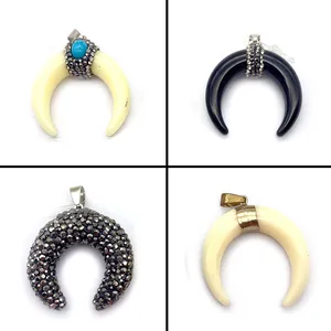 Vintage Bohemian Moon Horn Pendant Resin Acrylic Rhinestone Inlaid Accessory For DIY Necklace Bracelet Jewelry Making Gift