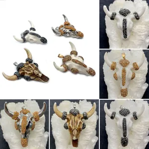 Vintage Bull Head Skull Pendant Acrylic Rhinestone Inlaid Ethnic Charms For DIY Necklace Making Pendant Only Without Chain