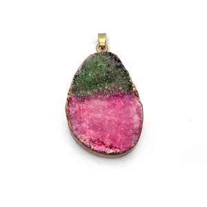 Irregular pear shaped druzy stone pendant with green and pink gradient in gold plating