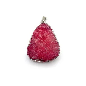 Irregular fuchsia druzy crystal pear pendant with silver electroplated metal edging