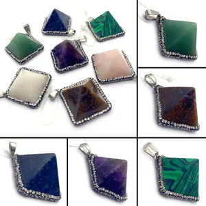 Rhombus Natural Stone Pyramid Pendant With Rhinestones Inlaid Alloy DIY Necklace Accessories Pendant Only Without Chain For Women