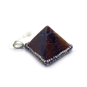 Tiger eye stone pyramid pendant with sparkling rhinestone inlay and silver metal clasp