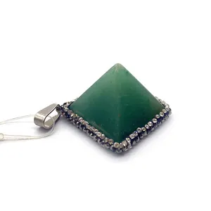 Pyramid-shaped green natural stone pendant with rhinestone border and silver clasp