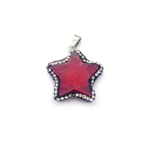 Star-shaped red natural stone pendant with clear crystal bezel and silver-tone hook clasp