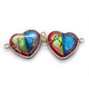 Natural heart stone connector with colorful cracked texture and gold metal frame