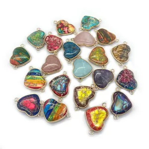 Natural heart stone pendant connectors with gold plating for DIY jewelry making