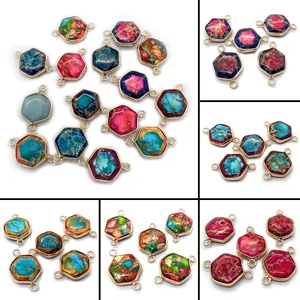 Connecteurs en Pierre Impériale Naturelle Hexagonale Alliage Plaqué Or Bordé Liens en Turquoise pour Bijoux DIY