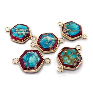 Cinq connecteurs hexagonaux en pierre naturelle avec bord doré pour bijoux DIY