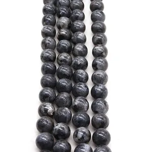 Macro detail of three vertical strands of polished dark grey natural labradorite beads