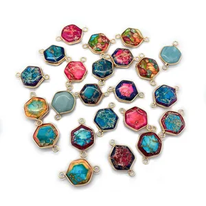 Connecteurs hexagonaux en pierre naturelle avec bord doré pour bijoux DIY