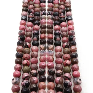 Perles en Vrac Rondes en Pierre Naturelle Rhodonite Rose Noir Fil de Pierres Gemmes Polies pour Création de Bijoux DIY Bracelet Collier