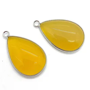 Pair of teardrop yellow natural stone pendants with silver metal bezel for DIY necklaces