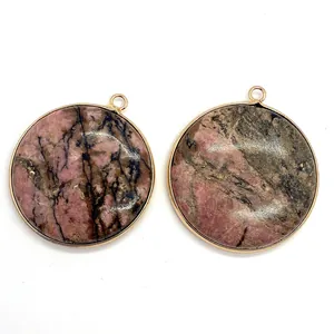 Round natural pink rhodonite stone pendants with gold plated edges for DIY jewelry making