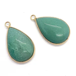 Pair of green aventurine teardrop pendants with gold-plated edges for DIY necklaces