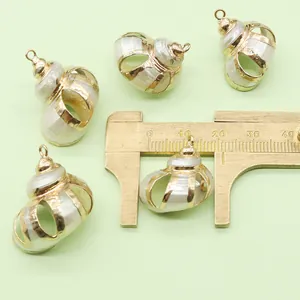 Detailed macro view of 5-piece set natural shell pendants with gold hollow frames for DIY jewelry