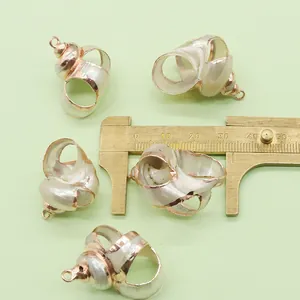 Macro view of natural spiral shell pendants with rose gold plating and size scale