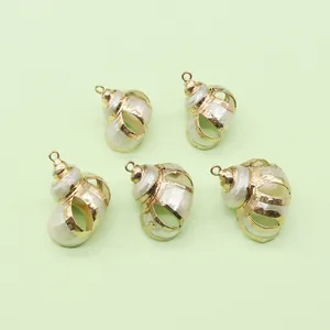 Set of 5 gold hollow spiral seashell pendants with white pearl inlay for DIY jewelry