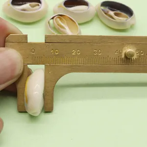 Macro shot showing brass vernier caliper measuring a 12mm natural white shell pendant