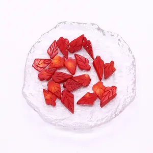 Red synthetic coral leaf pendants with detailed vein carvings for DIY necklaces