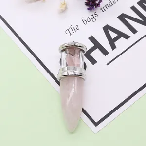 Bullet-shaped rose quartz pendant with crystal chips in glass tube and silver metal cap