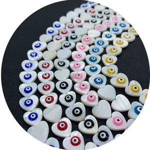 Natural heart shell beads with colorful evil eye inlay for DIY necklace jewelry making