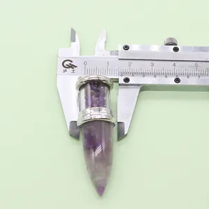 Detailed measurement showing an 18mm bullet-shaped purple crystal stone pendant with silver metal