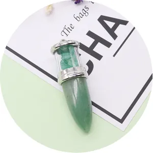 Natural Aventurine stone bullet pendant with silver metal loop and green crystals
