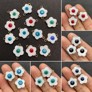 Natural Freshwater Shell Five Petal Flower Evil Eye Pendant Connector Gold Plated Copper Link For DIY Jewelry Making Necklace