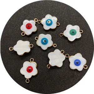 Natural freshwater shell flower evil eye connectors with gold plated rings for DIY jewelry