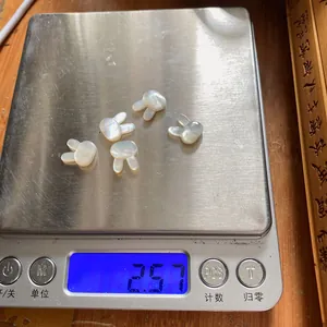Macro detail of five rabbit-shaped natural shell beads on digital scale weighing 2.57g
